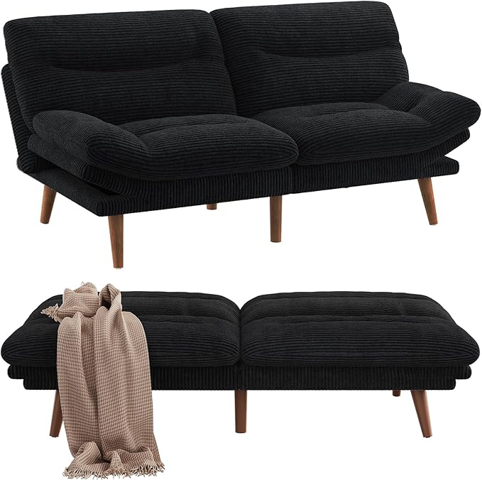 Pipishell Futon Sofa Bed Modern 66 Futon Couch Convertible to Bed &amp Lounger Compact Size Corduroy Loveseat Durable Construction - Fits Small Spaces ApartmentsStudy Room(Ink Black 66 Inch)