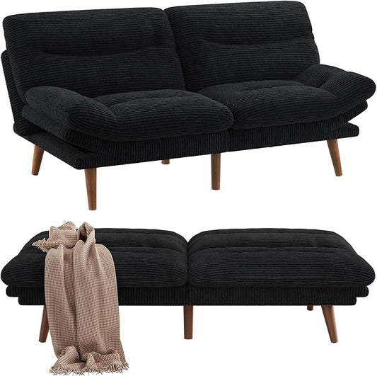 Pipishell Futon Sofa Bed Modern 66 Futon Couch Convertible to Bed &amp Lounger Compact Size Corduroy Loveseat Durable Construction - Fits Small Spaces ApartmentsStudy Room(Ink Black 66 Inch)