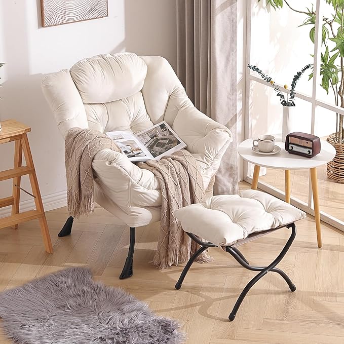 Welnow Lazy Chair with Ottoman Modern Accent Chair with Armrests and a Side Pocket Leisure Sofa Armchair Reading Armchair with Footrest for Small Space Beige