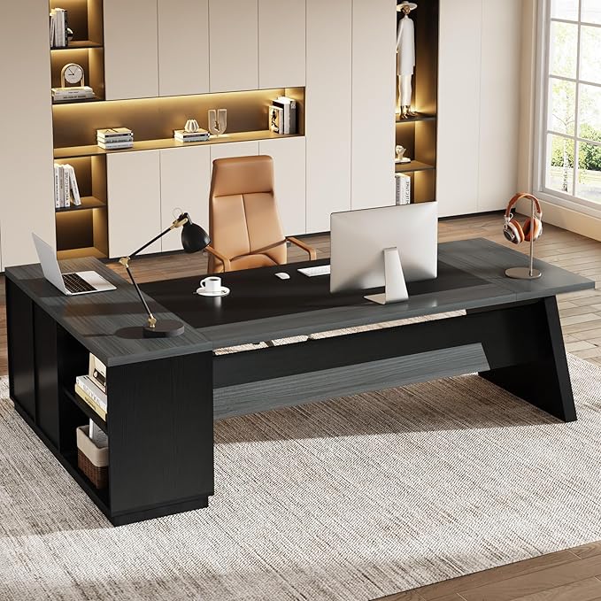 Tribesigns 78 L-Shaped Executive Desk Large Modern Office Desk with Drawers and Lateral File Cabinet Business Furniture with Storage Shelves Big Computer Desk for Home Office (Grey + Blcak)