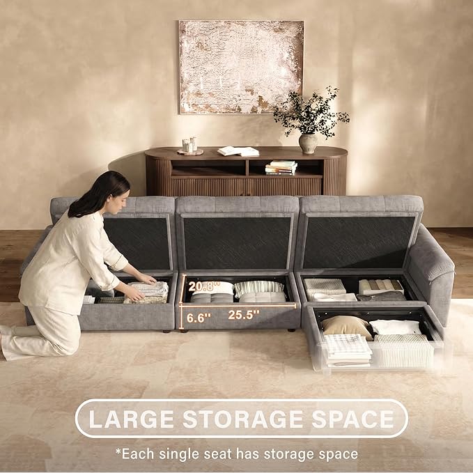 Oversized Modular Sectional Sofa with Adjustable Back Modern Comfy Sectional Couch with Storage Ottoman Deep Seat Chenille Cloud Couch for Living Room Only Ottoman Light Gray