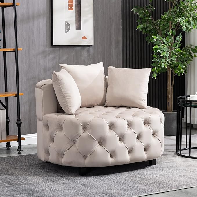 Round Accent Chair 40” Modern Velvet Sofa Chair with 3 Pillows Comfy Upholstered Tufted Club Lounge Chair for Living Room BedroomKhaki