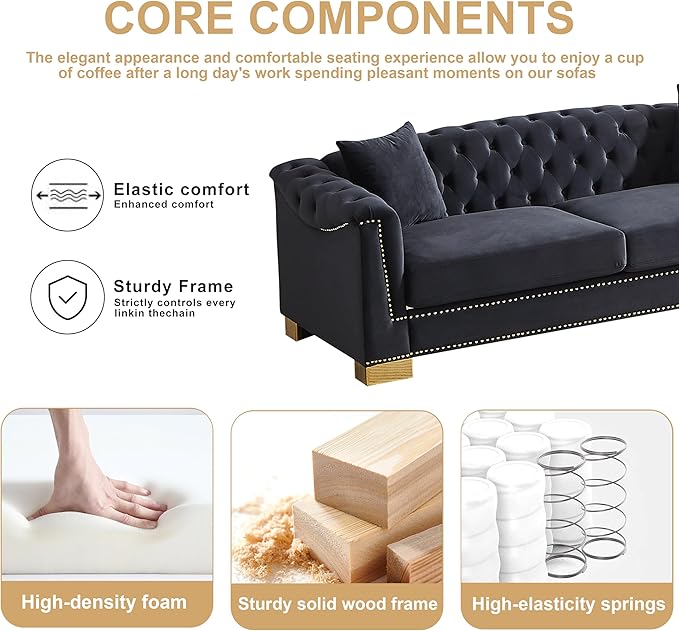 84 Chesterfield 3-Seater Black Velvet Combination Sofa 2 Cushion Classic 6.5 Rolled Arm Modern Couch Suitable for Living Room