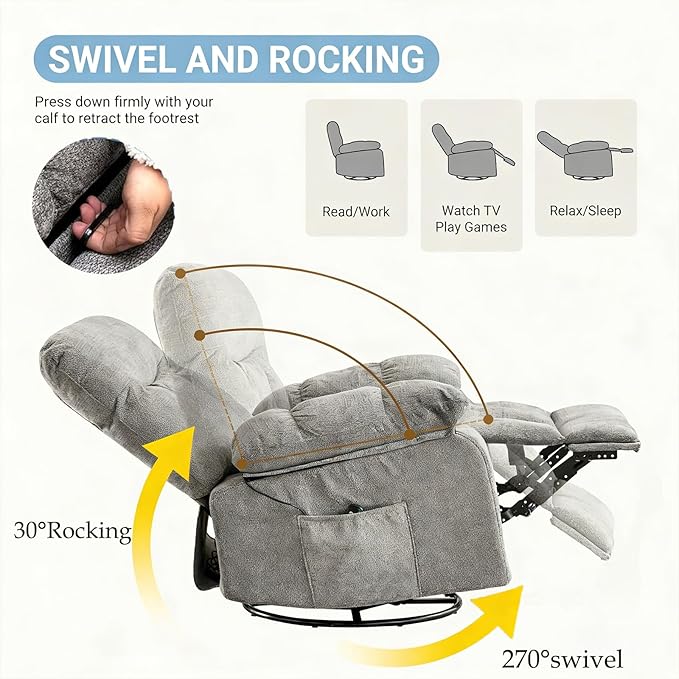 Rocker Swivel Recliner Chair for Adults Single Reclining Sofa Chair with Heated and Full Body Massage Lounge Recliner Glider for Small Living Room Bedroom Light Gray
