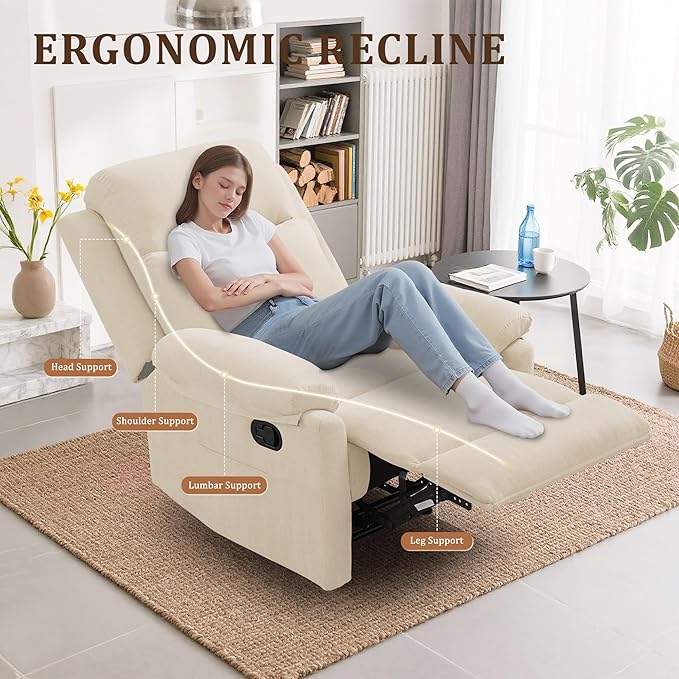 Recliner Chair Manual Recliner for Adults with Side Pocket Small Recliners for Small Spaces Adjustable Comfy Overstuffed Corduroy Reclining Chairs for Living Room Reading Bedroom Beige
