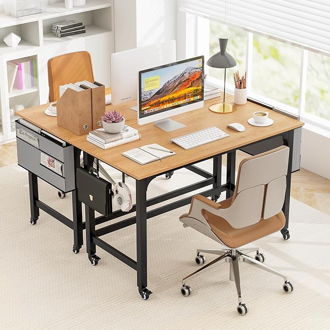 Tangkula 48” Mobile Computer Desk with Storage Bag &amp 2 Hanging Hooks Rolling Home Office Writing Study Desk Rolling PC Workstation with Lockable Universal Casters for Study Room Bedroom