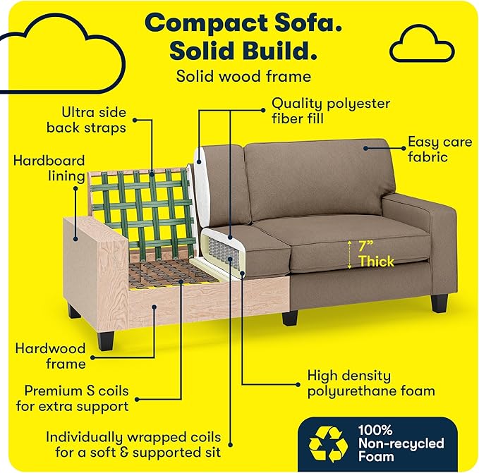 Serta Palisades 78 Track Arm Sofa Easy Care Polyester Soft Pillow Back Pocket Coil Seat Cushions Removable Covers Loveseat or Couch for Small Spaces Living Rooms or Bedrooms Tan