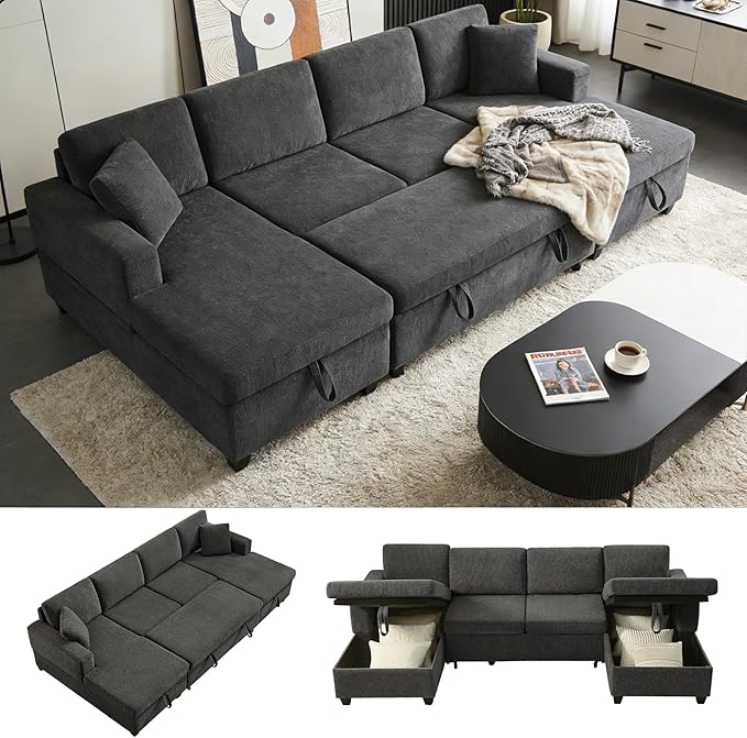 VANOMi 113 U Shaped Modular Sofa with Pull Out Bed &amp Storage Modern Sectional Sleeper Sofa with Chaise Chenille Sectional Couches for Living Room Small Space Apartment Dark Grey | Pull Out B