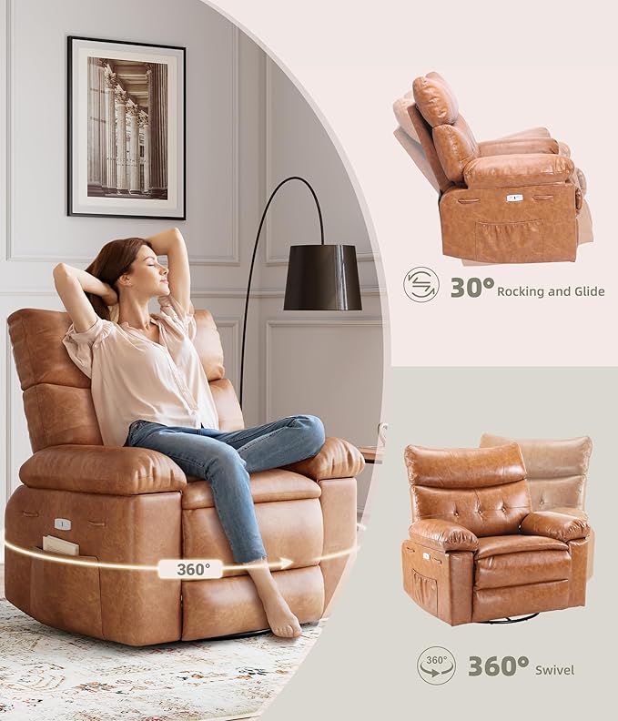 GarveeHome Swivel Massage Chair Electric Rocking Recliner Chair with Vibration and Heating Overstuffed Faux Leather Single Sofa Chair W/USB Power Glider Chairs for Living Room