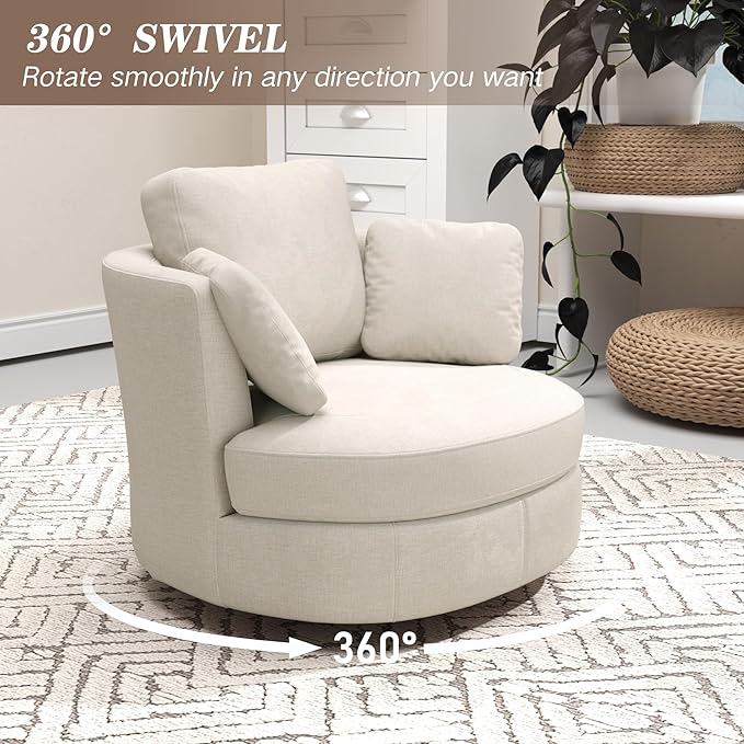 Mlmh &amp Kngwa Oversized Swivel Chair with Ottoman 40.4 inch Round Swivel Accent Chair and A Half Moon Ottoman with 3 Pillows Chenille Cozy Reading Chairs for Bedroom Living Room Beige