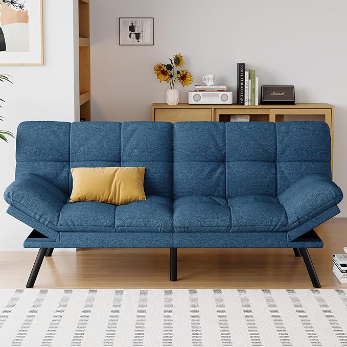 Futon Sofa Bed Convertible Couch Blue Linen Sofa Bed with Memory Foam Adjustable Backrest &amp Armrests Multifunctional Small Loveseat Sleeper Sofa for Living Room Apartment Office