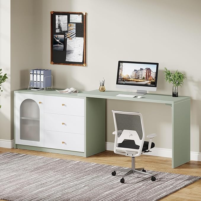 Tribesigns L-Shaped Computer Desk with Drawers Modern Corner Home Office Desk with Reversible Storage Cabinet Long Study Writing Desk Workstation for Home Office Cyan &amp White