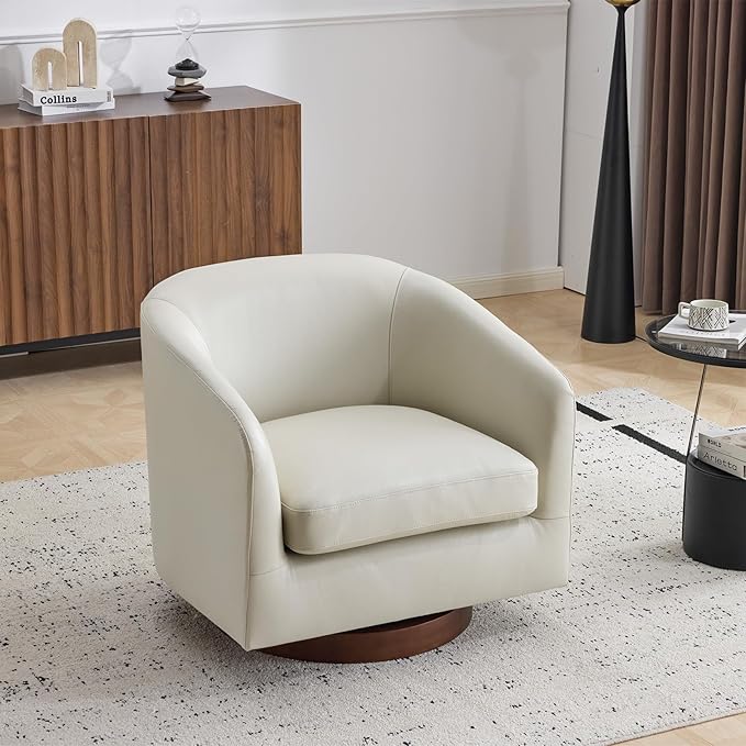 AEDI Genuine Leather Swivel Accent Chair Barrel Chair for Living Room Soft Greige
