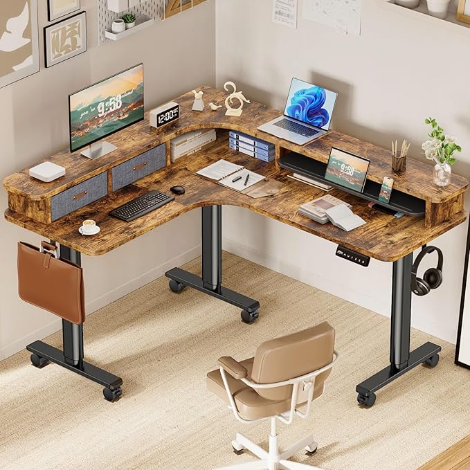Flycity Electric L Shaped Standing Desk with Drawers 63 x 55 Corner Standing Desk Adjustable Height Stand Up Home Office Desk Dual Motor Sit Stand Desk with 3 Memory Preset &amp Lock Brown