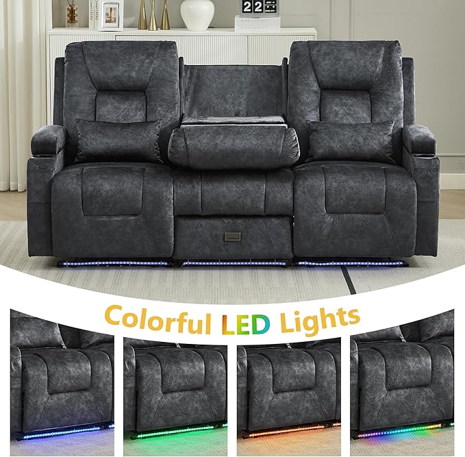 URRED Wall Hugger Power Recliner Sofa RV Double Reclining 3-Seater Couch for Living Room with LED Lights USB Ports Cup Holders and Side Pockets Outlets Drawer Velvet Fabric - Gray