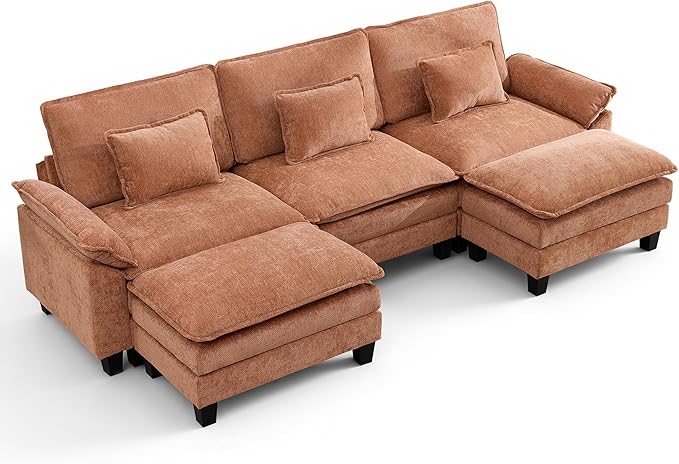 IPKIG 117 Modular Sectional Sofa Chenille U-Shaped Sectional Couch Comfy Upholstered 3 Seat Sofa with 2 Ottoman Deep Seat Cloud Couch Sofa for Living Room Orange | 2 Layer Cushion Cloud Couch Mo