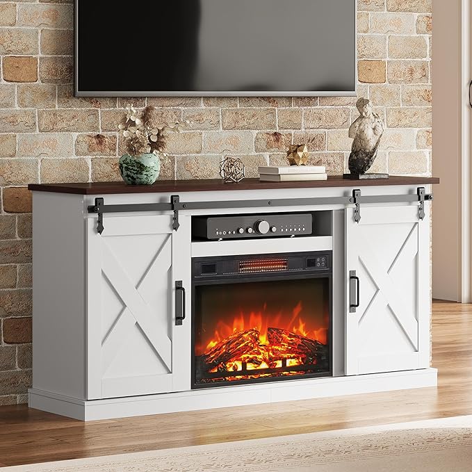 WLIVE Farmhouse Electric Fireplace TV Stand for TVs up to 65 Entertainment Center with Sliding X-Shaped Barn Door &amp Storage Cabinet Media TV Console with 23 Fireplace for All Seasons White