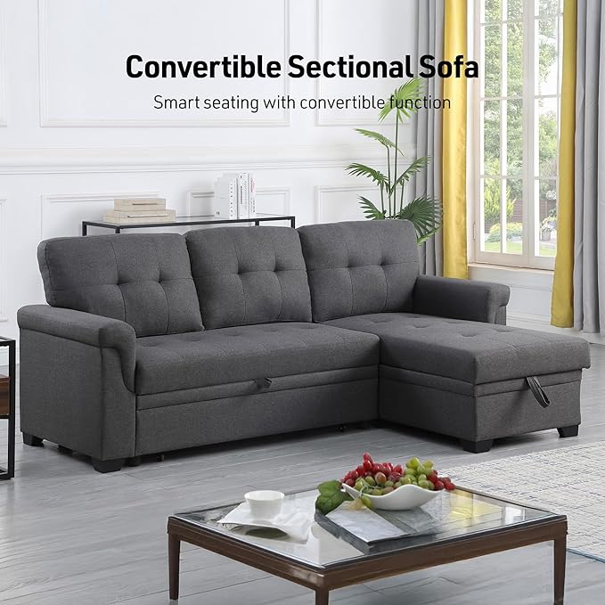 Lilola Home Convertible Sectional Sleeper Sofa Bed 84 Inch L Shaped Couch with Pull Out Bed Storage Chaise Removable Back Cushions for Living Room Office Linen Fabric Dark Gray