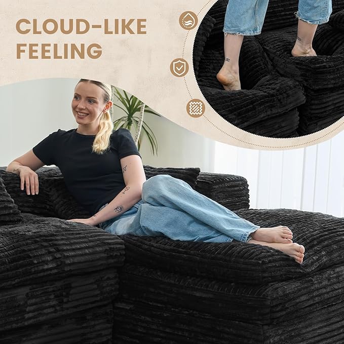 Belffin Plush Corduroy Boneless Cloud Couch with Deep Seat Convertible Sleeper Sofa Bed Cloud Boneless Sectional Couch No Assembly Required. Black Sofa