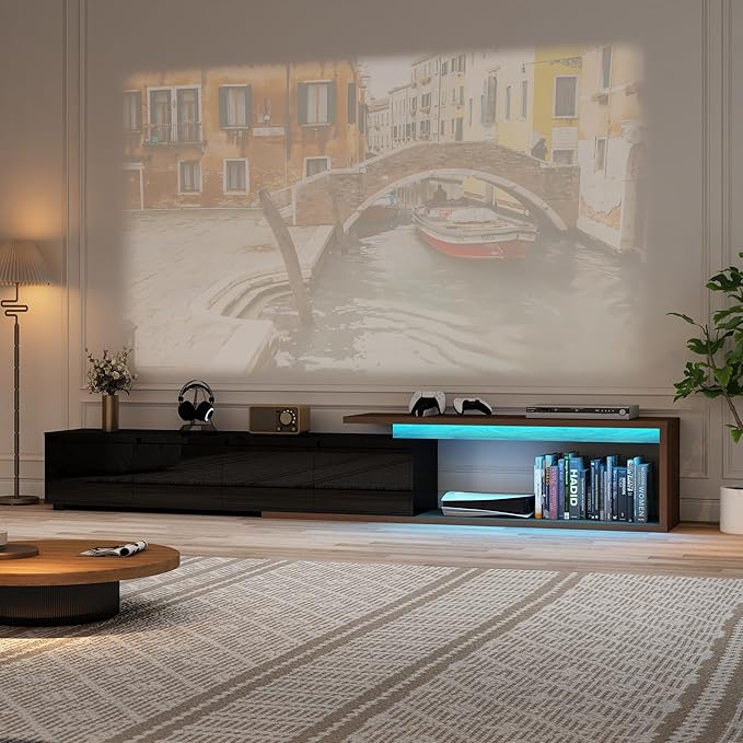 Extendable TV Stand with LED Light Modern Entertainment Center for up to 120 Inch TV Wood TV Media Console with 2 Drawers &amp 2 Cabinets for Living Room Bedroom 75-110 High Gloss Black &amp W