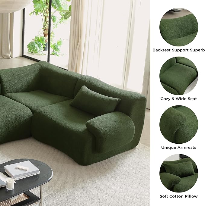 78 Modular Sectional Sofa Deep Seat Teedy Boucle Boneless Loveseat Modern Oversized Cloud Couch Sectional for Living Room Apartment No Assembly Memory Foam Throw Pillows Green