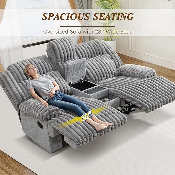 Oversized Reclining Loveseat with Hidden Cup Holders &amp Wireless Charger Manual Double Recliner Sofa Wall Hugger Loveseat Recliner with USB Ports for Living Room (Gray Loveseat)