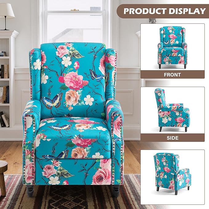 Floral Pushback Recliner Chair Fabric Upholstered with Rivet Trim for Living Room Home Theater Accent Club Chair - Peacock Blue Rose