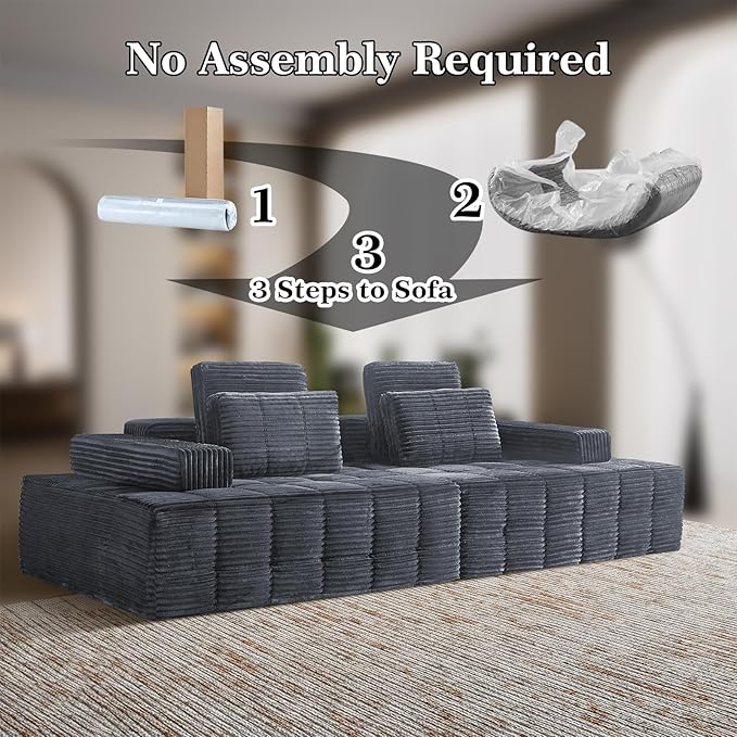 Modular Sectional Sofa with Movable Handrails Straight-Row Boneless Sofa Sectional Couch for Living Room Deep Seat Memory Foam Faux Rabbit Fur Fabric Sofa No Assembly Required(Grey)