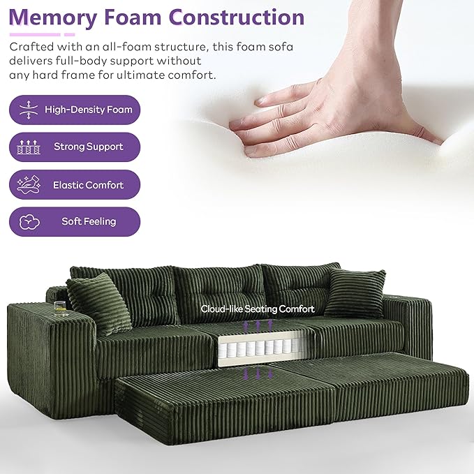 TYBOATLE Modular Sectional Sofa Couch Corduroy Cloud Boneless Foam Couch with Deep Seats &amp Cup Holder Modern Comfy Sleeper Sofa with L-Shape Chaise No Assembly (Forest Green)