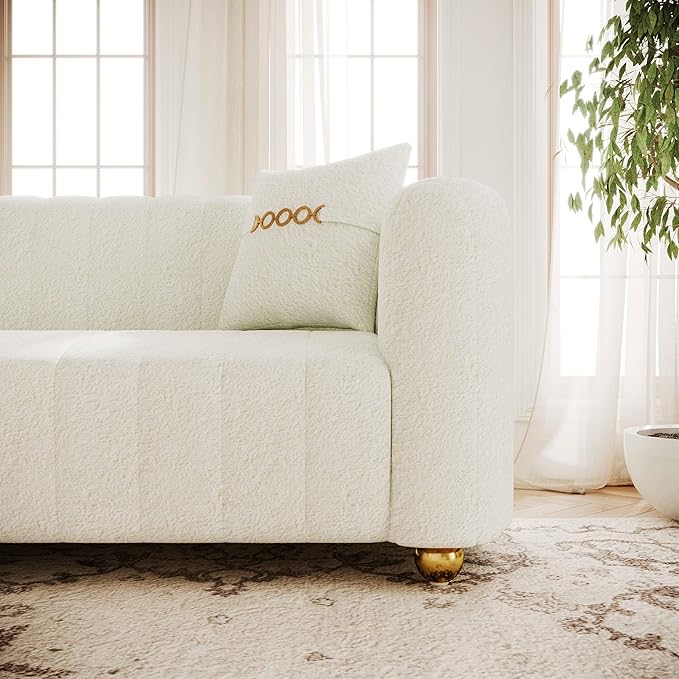 83.46 Fabric Couch for Living Room Cute Modern Sofa with Gold Metal Sphere Legs Upholstered Comfy 3 Seater Couch (Teddy Cream White)