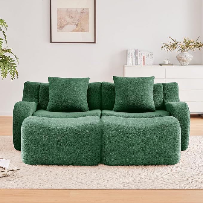 Green Modular Cloud Couch Loveseat with 2 Ottomans Modern Teddy Fabric Boneless Sectional Sofa in a Box for Living Room Deep Seat Floor Couch No Assembly Required Sofas para Sala