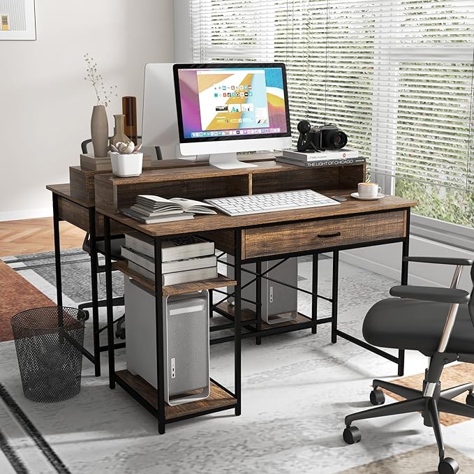 Giantex Computer Desk with Monitor Shelf 48 Home Office Writing Desk with Drawer Storage Shelves CPU Stand Study Desk Table Workstation for Bedrooms Rustic Brown