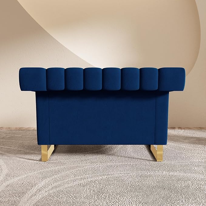 Mid-Century Modern Blue Velvet Single Sofa with Gold Metal Legs 49 Luxury Chesterfield Comfy Blue Sofa Chair for Living Room (Blue-1 Seater)