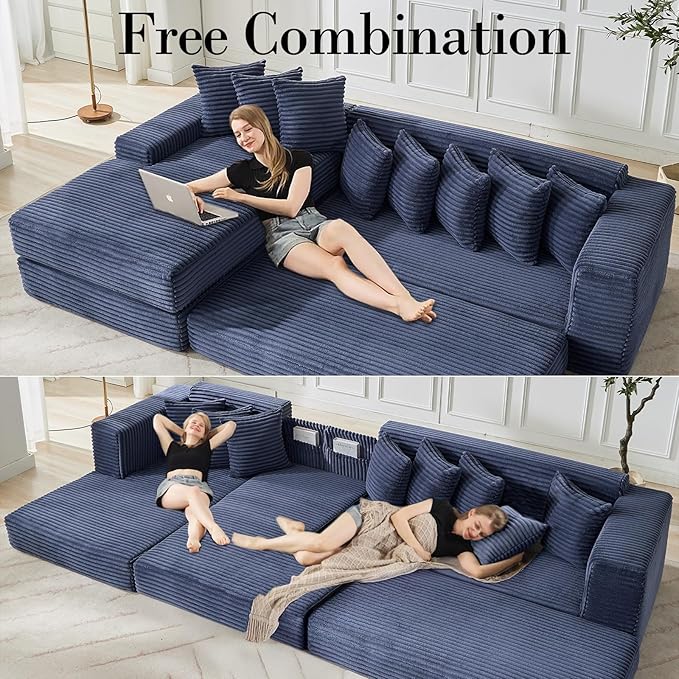 110 L-Shaped Sectional Couch with Chaise Lounge Plush Corduroy Oversized Convertible Floor Sofa Couch with 8 Pillows Modern Deep Seat Boneless Couches for Living Room (Blue 110 + Left Chaise)