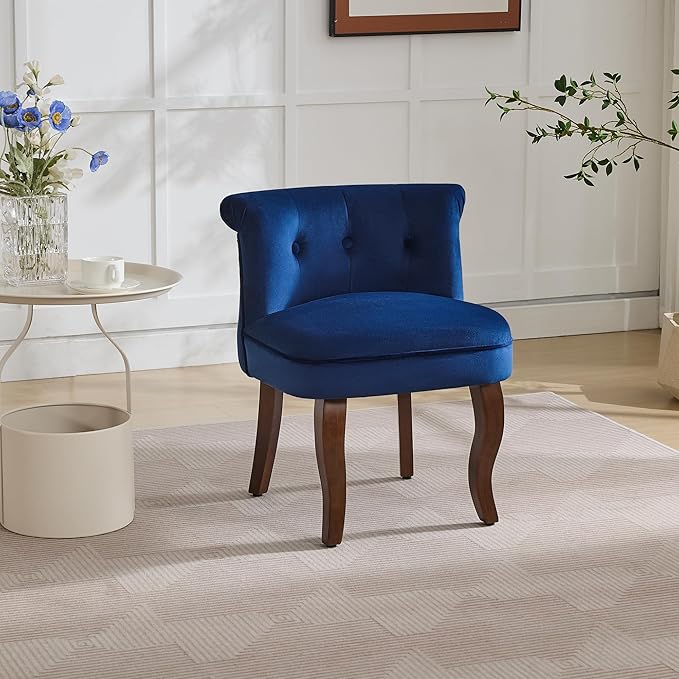 Velvet Vanity Chair with Back Tufted Upholstered Vanity Stool with Solid Wood Legs Mid Century Small Makeup Chair for Vanity Accent Chair for Bedroom Living Room Navy