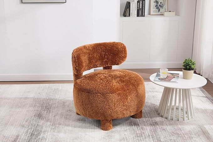 Upholstered Armless Chairs Modern Fur Accent Chair Cute Furry Chairs with Curved Backrest and Solid Wooden Legs for Living Room Bedroom Reading Room Khaki