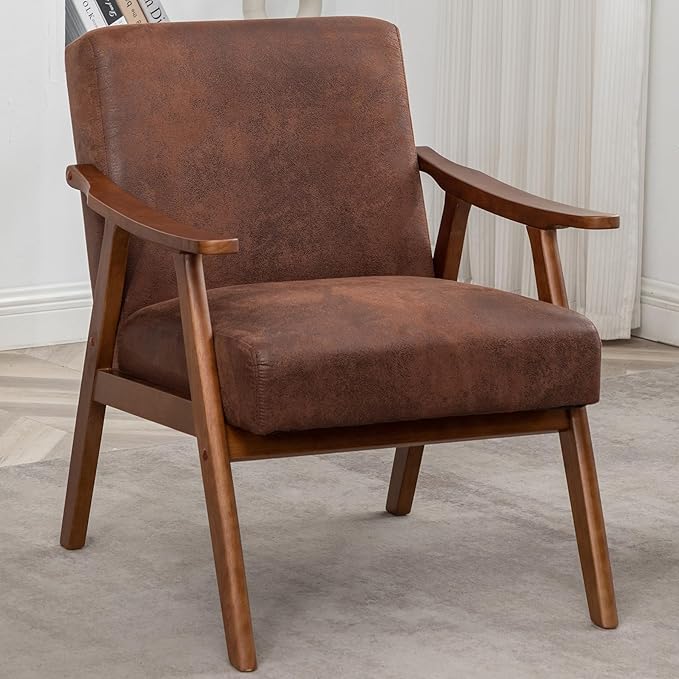 Mid Century Modern Accent Chair Upholstered Armchair Comfy with Wood Legs Siting Chair with Soft Cushion PU Leather Side Chairs for Living Room Bedroom Office (Microfiber Light Brown)