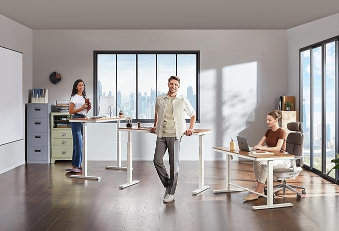 KINGSMITH 55x24 Inches Whole Piece Electric Standing Desk with Drawer Dual Motors Height Adjustable Stand up Desk for Home Office Ergonomic Sit to Stand Desk Computer Workstation Light Red
