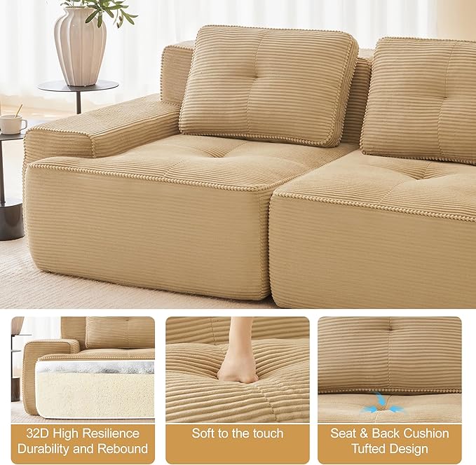 115.3'' Sectional Sofa 32D Foam Corduroy Boneless Couch with Pillow Deep Seat Wide Arm Sectional Couch for Apartment Living Room Bedroom