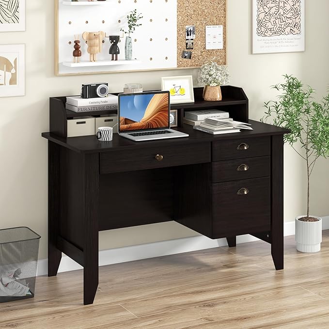 GLACER 48 Computer Desk with 4 Storage Drawers &amp Hutch Home Office Desk with Cable Hole for PC Laptop Wooden Writing Workstation Gaming Desk for Office Study Bedroom Small Spaces (Black)