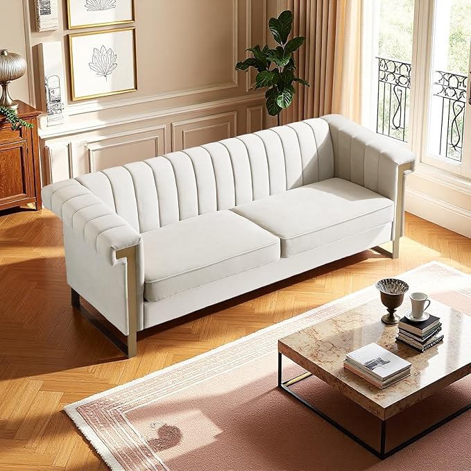 KEIKI 84 Velvet Sleek Channel-Tufted Sofa with Armrest and Back Cushions Gold Accents 3-Seater Upholstery Couch with Solid Legs Easy Assembly for Living Room Bedroom Apartment White