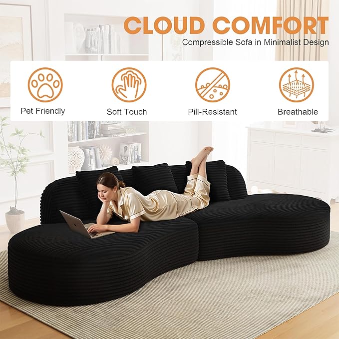 123'' Oversized Curved Sectional Sofa Minimalist Boneless Couches for Living Room with Round Deep Seat 4 Seat Luxury Modern Cloud Couch with Corduroy Fabric No Assembly Black