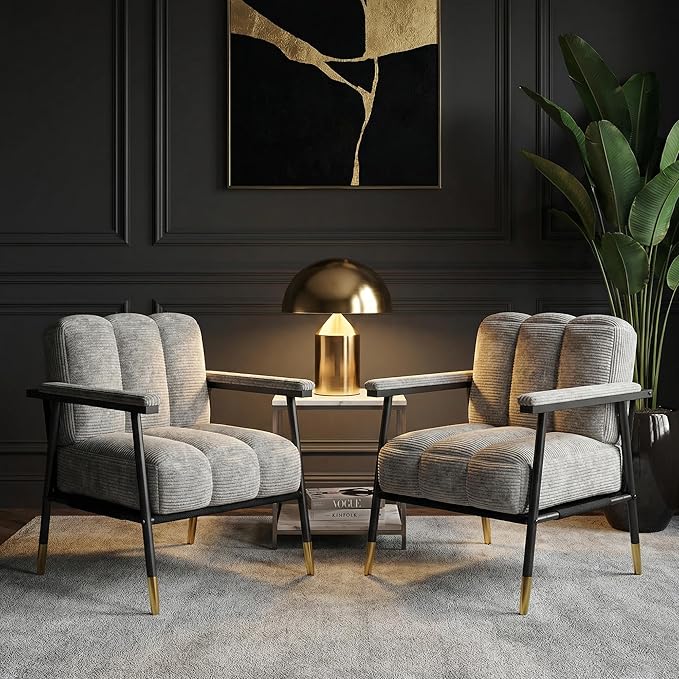 Accent Chair Mid-CenturyMetal FrameArmchairUpholstered Reading Chair for BedroomLiving RoomOfficeGuest RoomGrey