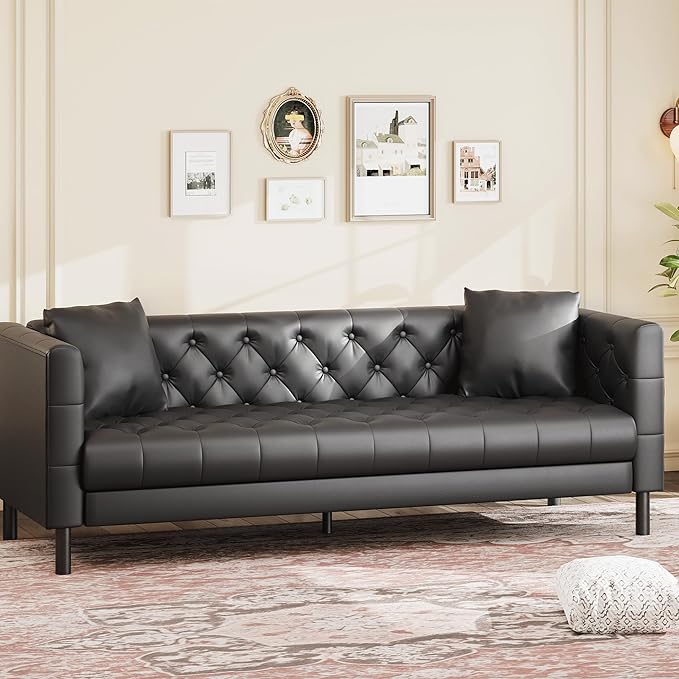 GAOMON 81 Leather Couch Handmade Button Tufted 3 Seater Sofa Chesterfield Sofa with Deep Seat and 2 Pillows Leather Sofa for Living Room Apartment Office Black