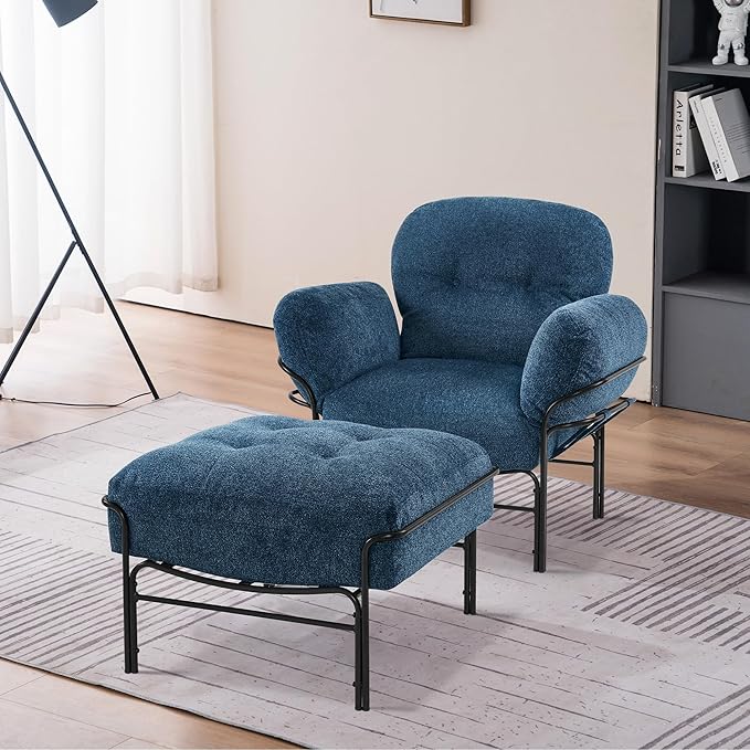 MCombo Modern Accent Chair with Ottoman Chenille Upholstered Leisure Sofa Chair for Small Space Living Room &amp Bedroom 4071 (Blue)