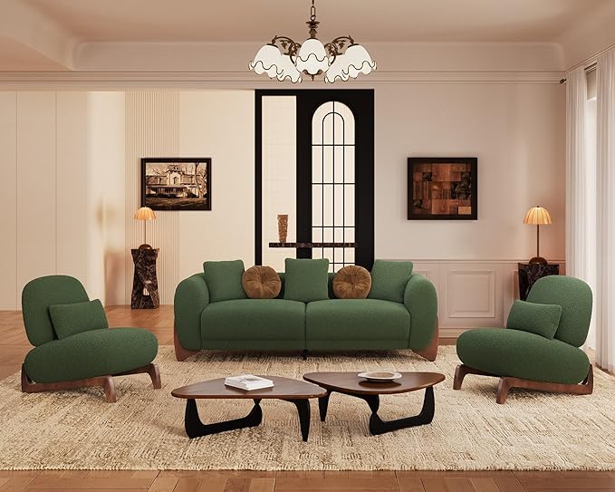 Morden Fort Modern Cloud Couch - 3 Seater Sherpa Boucle Sofa with Wood Legs Ultra-Thick High Resilience Cushion with 3 Matching Pillows Upholstered Comfy Couch Sofa for Living Room - Forest Green