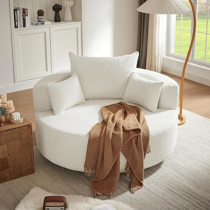 Antetek 360-Degree Swivel Accent Chair Oversized Modern Comfy Chenille Round Swivel Chaise Lounge Sofa Chair with Backrest Cushion &amp 2 Throw Pillows for Living Room Bedroom Office Beige