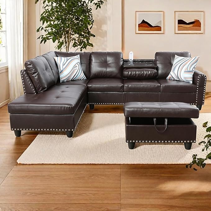 L Shaped Sectional Couches Convertible Lounge Leather Couch with Reversible Cup Holder Nail-Head Design Modern Modular Sectional Sofa for Living Room Furniture Sets Brown A