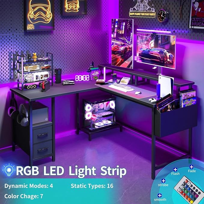 Lufeiya L Shaped Gaming Desk with Led Lights and Power Outlets 48 Inch Corner Home Office Desk with Monitor Stand Shelves Writing Study Computer Desks with Fabric Drawers for Bedroom Black