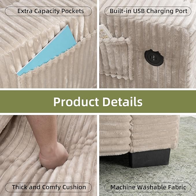 46.1''W Oversized Accent Chair Modern Single Armchair with USB Charger &amp Storage Pocket Comfy Reading Chair Tufted Corduroy Fabric for Living Room Bedroom Apartment Office (Camel)